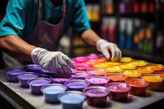 Factory for the production of paints. Jars of paint of different colors on a conveyor belt.