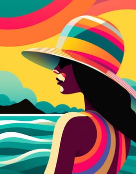 beige woman water person minimal sea black background tourism young hat bikini beach graphic concept tanned swim vacation summer banner art. Generative AI.