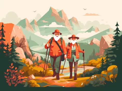 woman man hiking aged summer grandfather road retired senior walking happy together run elderly backpack trekking couple outdoors active old. Generative AI.