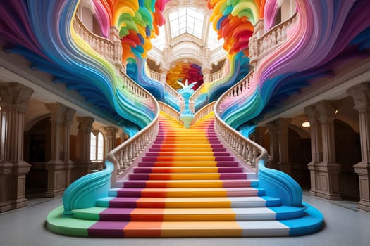 Multi-colored high staircase indoors . Rainbow colored steps.