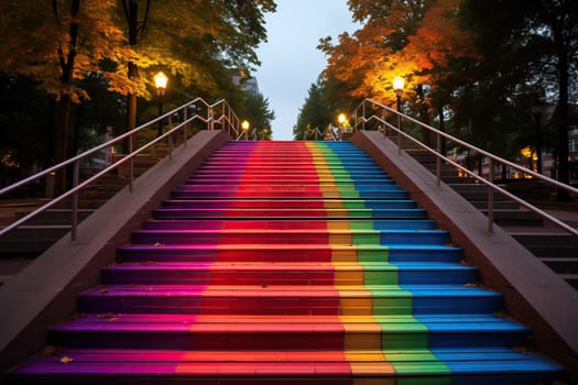 Multi-colored high staircase in the city. Rainbow colored steps. Bright city concept.