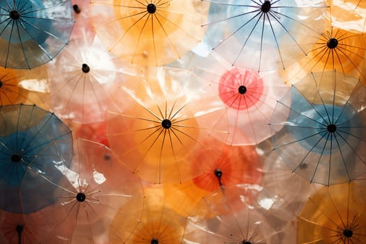 Colorful transparent umbrellas background. Street decoration.