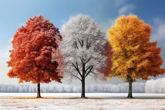 Three trees with red, yellow and white leaves stand in the middle of a snowy field. Unusual natural phenomenon concept. Generated by artificial intelligence