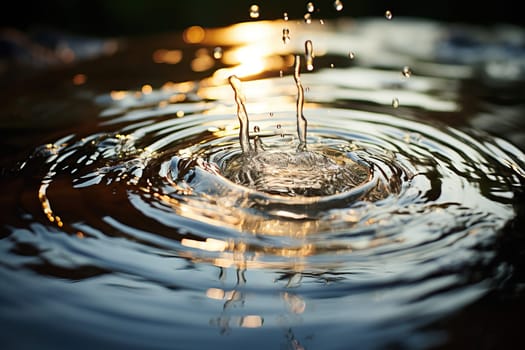 Drops of water fly into a puddle. A whirlpool dripping from a puddle. Generated by artificial intelligence