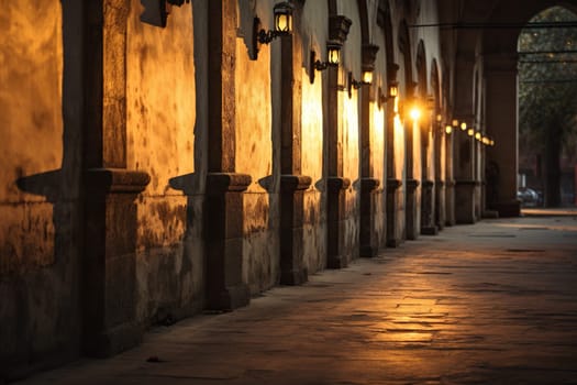 A long old building with lanterns reflects the sunlight at sunset, dawn. Beautiful sunlight on the wall. Generated by artificial intelligence