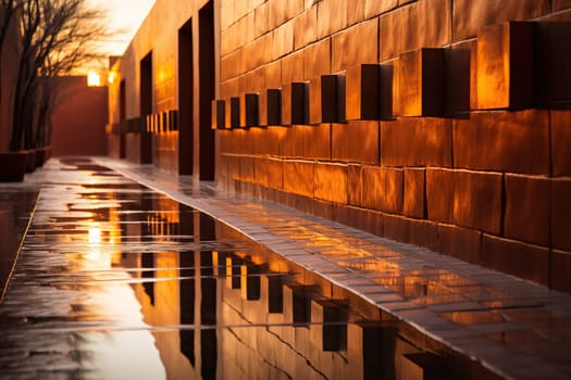 A long building with reflects the sunlight at sunset, dawn. Beautiful sunlight on the wall. Reflection in puddles. Generated by artificial intelligence