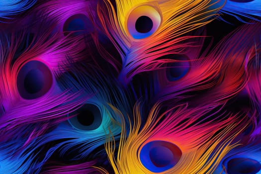 Colorful feathers, peacock feather pattern. Bright background. Generated by artificial intelligence