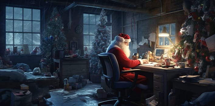 cartoon santa virtual holiday home merry room male tree christmas family celebration laptop house communication character cyberspace online new happy. Generative AI.