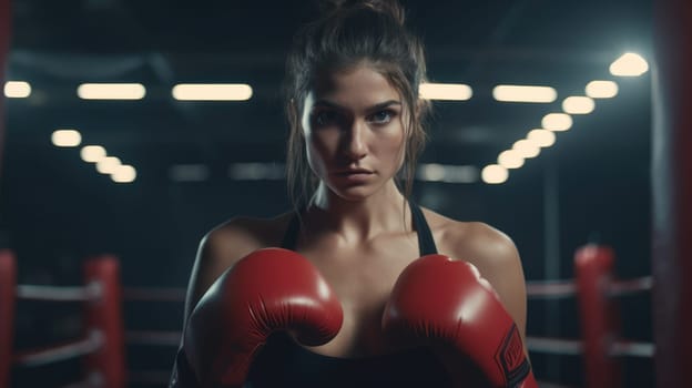 Young woman training punch boxing gloves. Woman in boxing gloves is practicing. AI