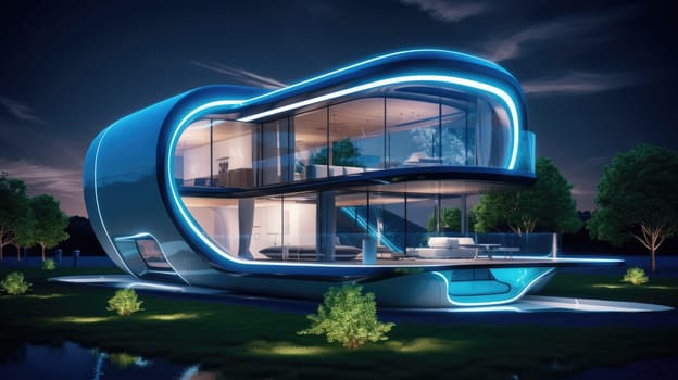 Futuristic smart living house with digital technologies. Smart home. Exterior. AI