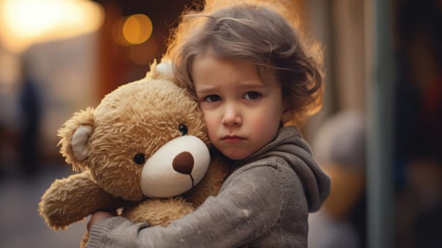 Little lonely boy hugging teddy bear, suffering loneliness, family problems. Sad child hugs a plush toy bear
