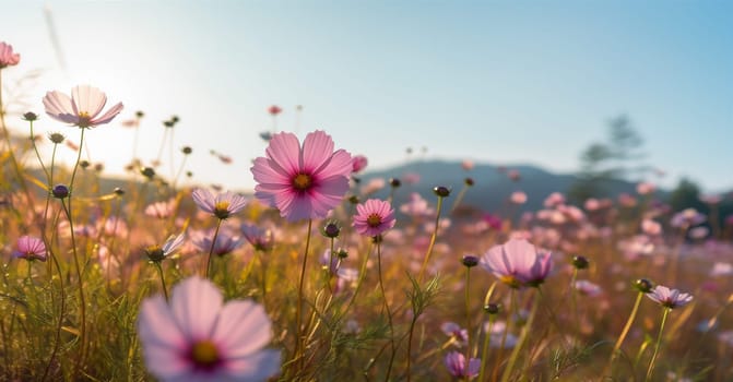 garden floral colorful sunset landscape beautiful blooming pink background bloom sunlight violet autumn flora nature petal field vivid bright flower meadow. Generative AI.