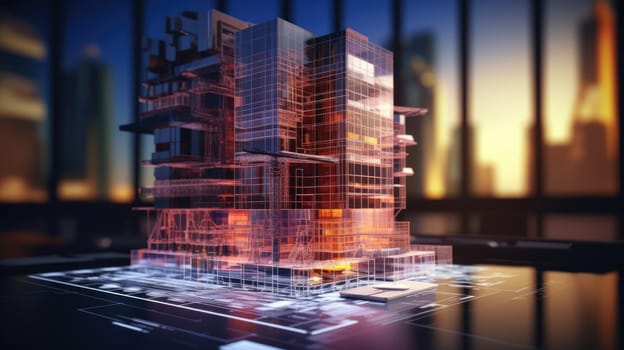 Hologram and projection of the building or factory. Design project. Modern technologies. AI