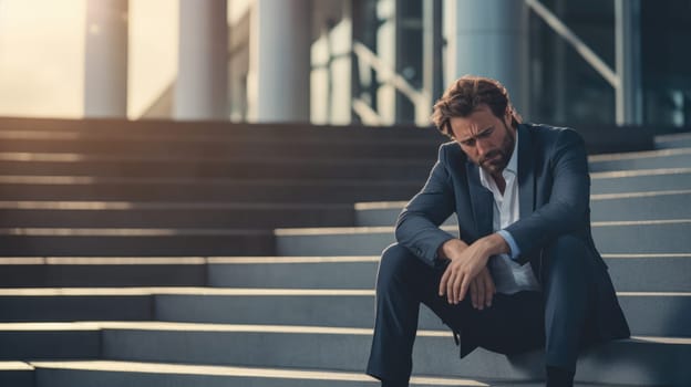 Sad businessman sitting on the steps. Dismissal and business failures. Blurred background. AI