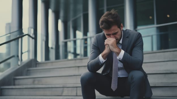 Sad businessman sitting on the steps. Dismissal and business failures. Blurred background. AI