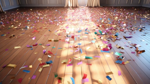 Background floor with shining confetti. Cleaning up after the holiday, the consequences of the party. AI