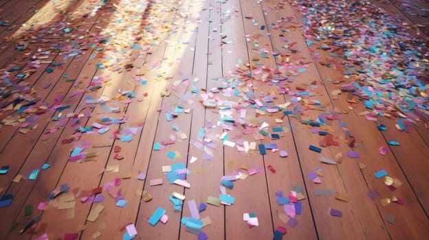 Background floor with shining confetti. Cleaning up after the holiday, the consequences of the party. AI