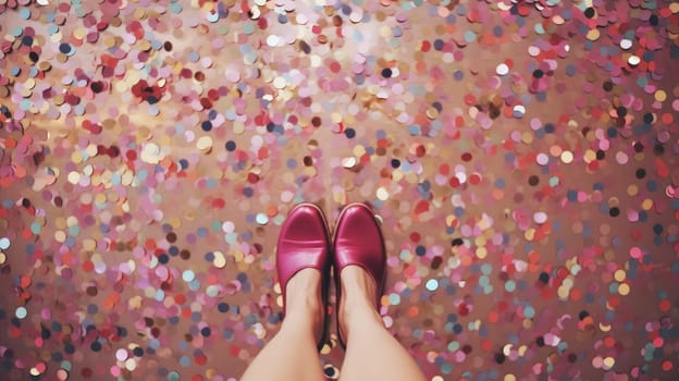 Background floor with shining confetti and legs. Cleaning up after the holiday, the consequences of the party. AI