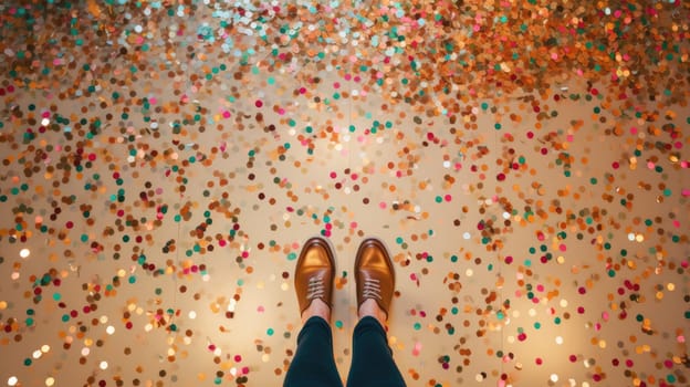 Background floor with shining confetti and legs. Cleaning up after the holiday, the consequences of the party. AI