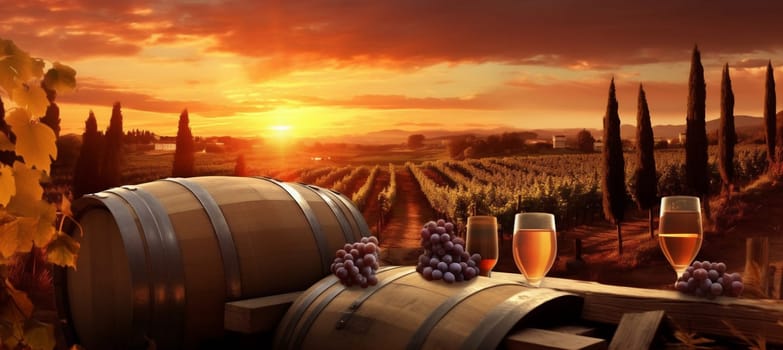 grape wooden landscape glass wine nature drink barrel autumn sunset tasting vine bottle wood romance vineyard winery beverage fruit alcohol. Generative AI.