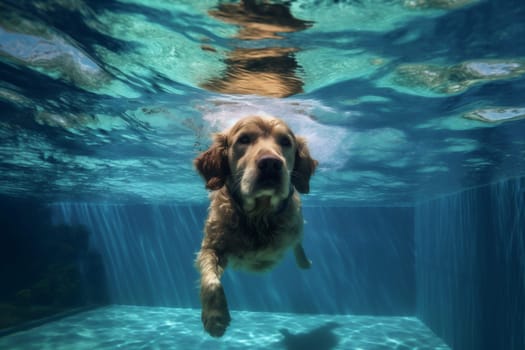 dog breed canine underwater swimming jump adorable sport swimming pool fun vacation retriever puppy outdoor summer baby funny golden water snorkeling pool. Generative AI.