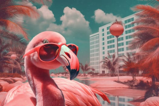 wild sunglasses nature flamingo toy fun animal tropical bird hipster party feather pink fashion weekend exotic illustration cute colourful summer. Generative AI.