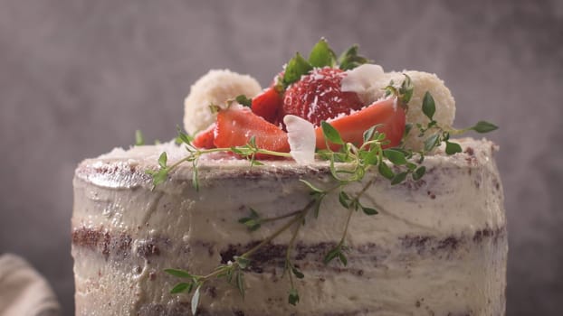 Naked cake with strawberries on kitchen counter top.