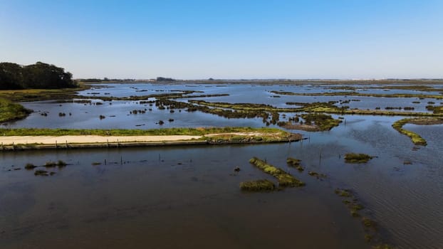 Aerial View of Ribeira das Teixugueiras near the Aveiro Lagoon at Pardilho, Aveiro, Portugal.