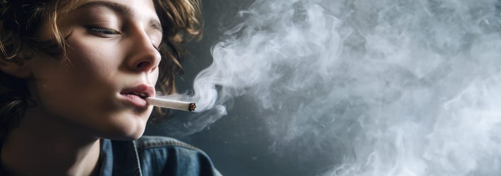 Teenager smokes cigarette. Substance abuse, addiction, people and bad habits concept close up of young man or girl smoking cigarette copy space. Space for text
