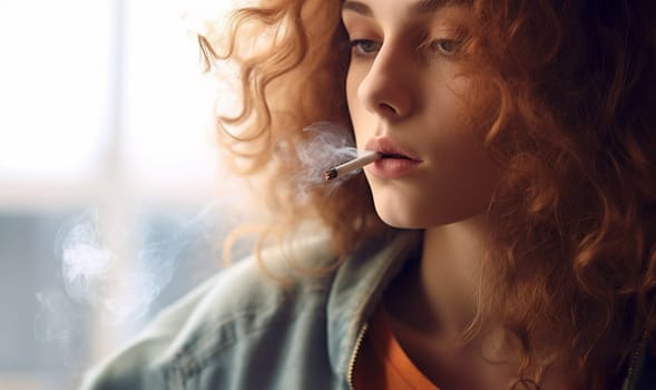 Teenager smokes cigarette. Substance abuse, addiction, people and bad habits concept close up of young man or girl smoking cigarette copy space. Space for text