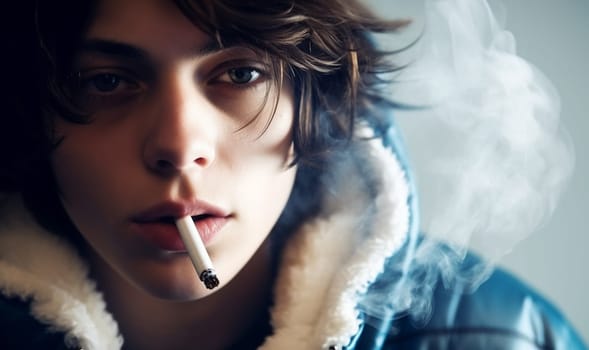 Teenager smokes cigarette. Substance abuse, addiction, people and bad habits concept close up of young man or girl smoking cigarette copy space. Space for text