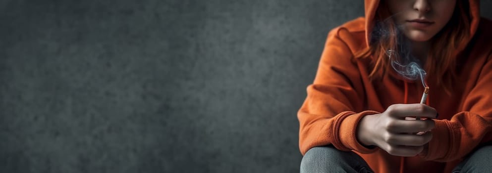 Teenager smokes cigarette. Substance abuse, addiction, people and bad habits concept close up of young man or girl smoking cigarette copy space. Space for text