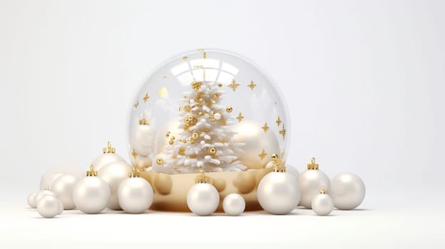 Luxurious Christmas decorations with glass balls and Christmas tree decorations, in white and gold colors. AI Generated.