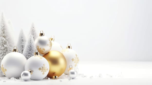 Luxurious Christmas decorations with glass balls and Christmas tree decorations, in white and gold colors. AI Generated.