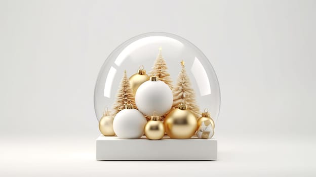 Luxurious Christmas decorations with glass balls and Christmas tree decorations, in white and gold colors. AI Generated.