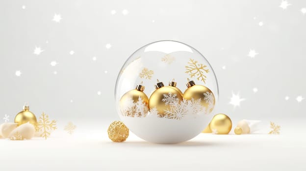 Luxurious Christmas decorations with glass balls and Christmas tree decorations, in white and gold colors. AI Generated.