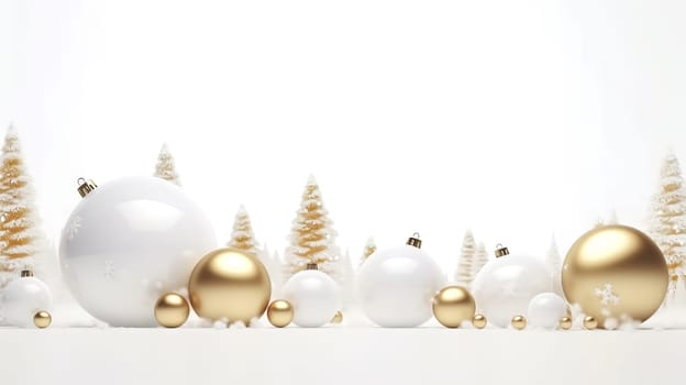 Luxurious Christmas decorations with glass balls and Christmas tree decorations, in white and gold colors. AI Generated.