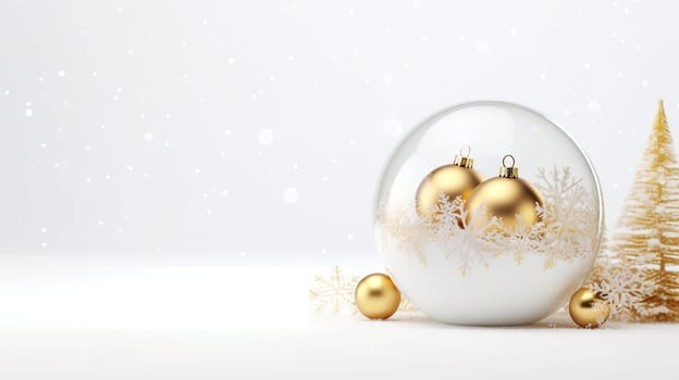 Luxurious Christmas decorations with glass balls and Christmas tree decorations, in white and gold colors. AI Generated.