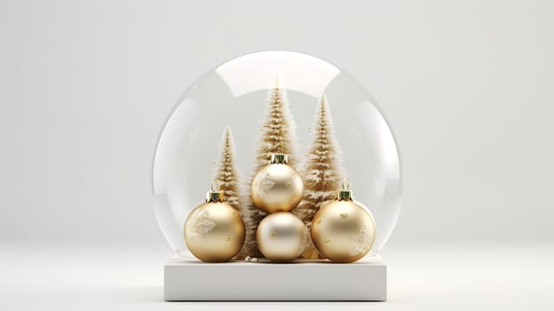 Luxurious Christmas decorations with glass balls and Christmas tree decorations, in white and gold colors. AI Generated.