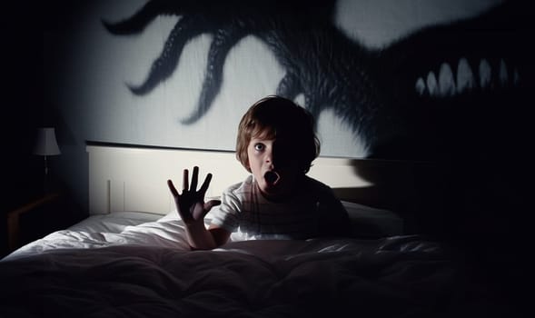 Monster in bedroom of child. Dark scary shadows. Fear of darkness concept. Little child scared of monster from nightmare. Lying in bed without sleep and being afraid of ghost. Isolated flat illustration copy space Space for text