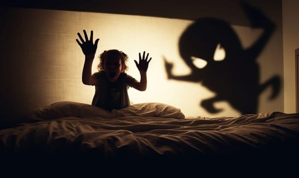 Monster in bedroom of child. Dark scary shadows. Fear of darkness concept. Little child scared of monster from nightmare. Lying in bed without sleep and being afraid of ghost. Isolated flat illustration copy space Space for text