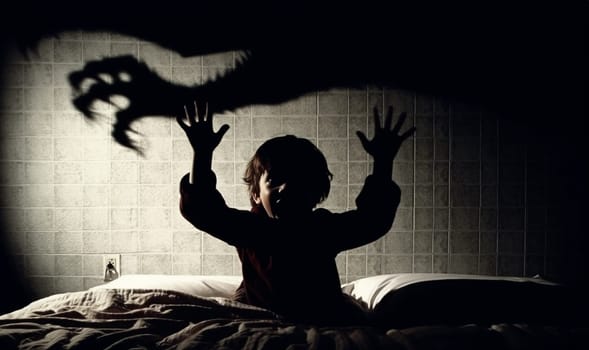 Monster in bedroom of child. Dark scary shadows. Fear of darkness concept. Little child scared of monster from nightmare. Lying in bed without sleep and being afraid of ghost. Isolated flat illustration copy space Space for text