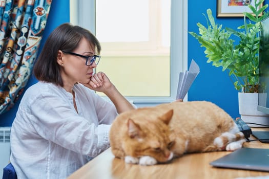 Cat sleeping on desk in home office, woman working using computer. Remote work at home, pets animals, lifestyle concept