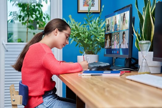 Video conference, teen girl student looking at computer screen with group of teenagers studying remotely at home. Online lesson distance learning course. E-learning e-education technology high school