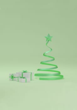 Green christmas tree and gifts on green studio background. Merry christmas. 3D Rendering. Vertical Size.