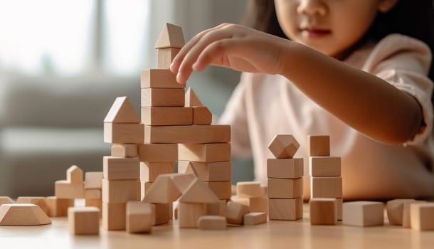 Kid playing with colorful wooden toy blocks. Little boy or girl building tower of block toys. Educational and creative toys and games for young children. Baby in white bedroom with rainbow bricks. Child at home. Copy space Space for text