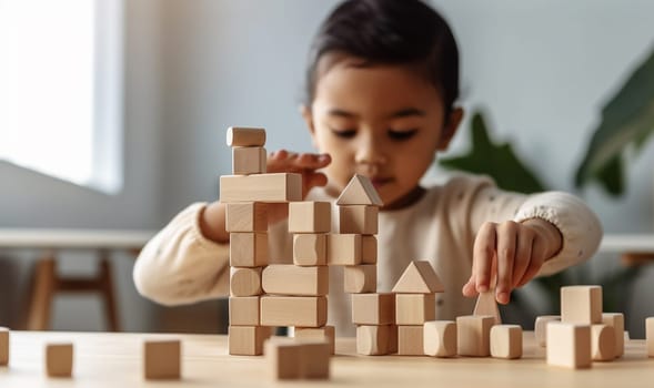 Kid playing with colorful wooden toy blocks. Little boy or girl building tower of block toys. Educational and creative toys and games for young children. Baby in white bedroom with rainbow bricks. Child at home. Copy space Space for text