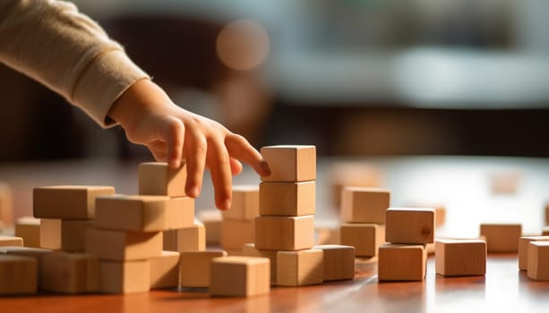 Kid playing with colorful wooden toy blocks. Little boy or girl building tower of block toys. Educational and creative toys and games for young children. Baby in white bedroom with rainbow bricks. Child at home. Copy space Space for text