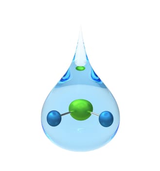 Model of a H2O molecule in a drop of water, isolated on white, 3d render