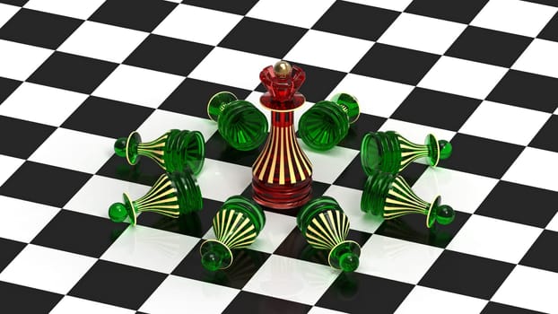 The queen always wins, chess concept, 3d render